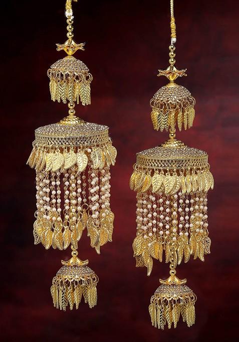 Set Of 2 Gold Plated White CZ Stone Studded And Beads Heavy Bridal Kaleeras