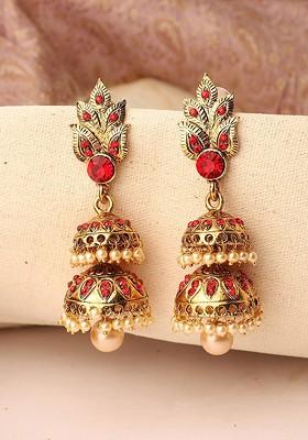 Red And Gold Toned Leaf Motif Stone and Pearl Studded Jhumkas Earrings