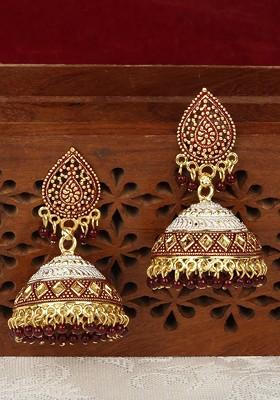 Gold Toned And Maroon Dome Shaped Jhumkas Earrings