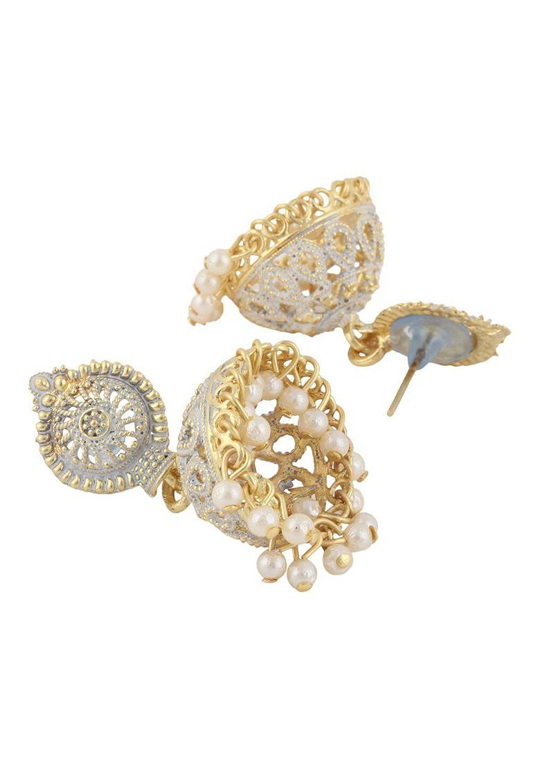 Gold Plated White Pearls Beaded Enamelled Jhumkas Earrings