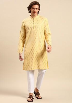 Men Yellow Woven Design Pure Cotton Kurta With Pyjamas