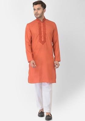 Men Orange And White Solid Pure Cotton Kurta With Trouser Set