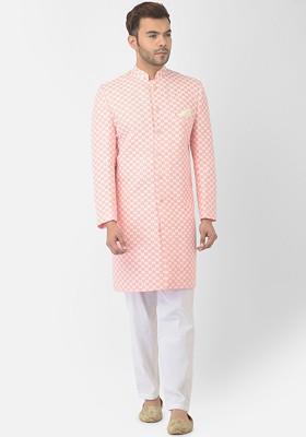 Men Peach And White Printed Cotton Sherwani With Patiala Set