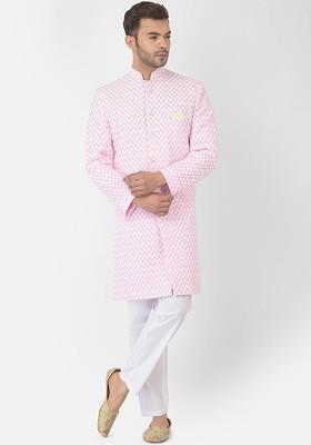 Men Pink Pure Cotton Chikankari Embroidered Sherwani