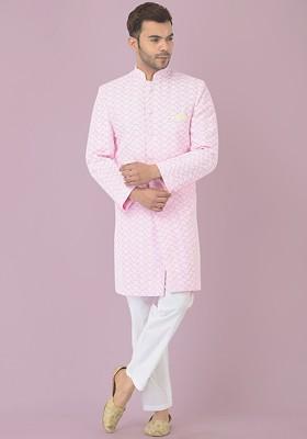 Men Pink And White Pure Cotton Chikankari Embroidered Sherwani And Trouser