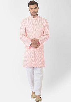 Men Peach Coloured And White Cotton Sherwani Set