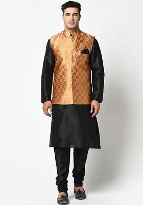 Men Black Kurta And Pyjama With Nehru Jacket