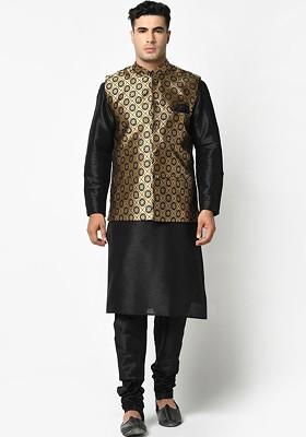 Men Black Kurta Churidar With Nehru Jacket