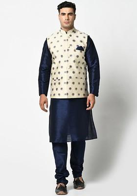Men Navy Blue Kurta With Pyjamas And Nehru Jacket