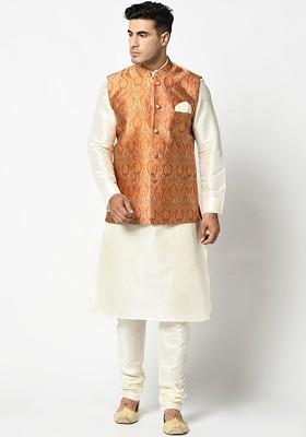 Men Orange Kurta With Pyjamas And Nehru Jacket