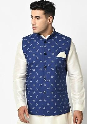 Men Blue Printed Nehru Jacket