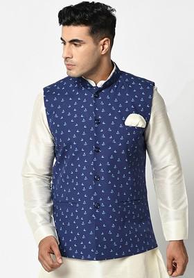 Men Navy Blue Printed Pure Cotton Nehru Jacket