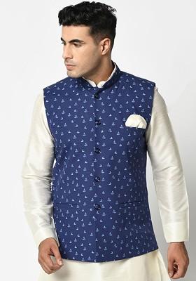 Men Navy Blue Printed Nehru Jackets