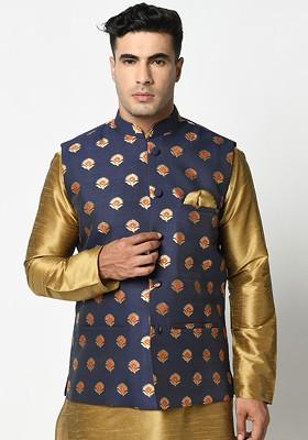 Men Navy Blue And Gold Coloured Woven Design Satin Nehru Jacket