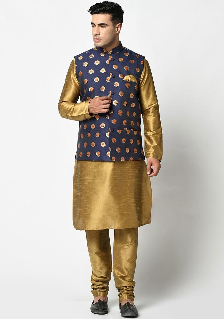 Men Navy Blue And Gold Coloured Woven Design Satin Nehru Jacket