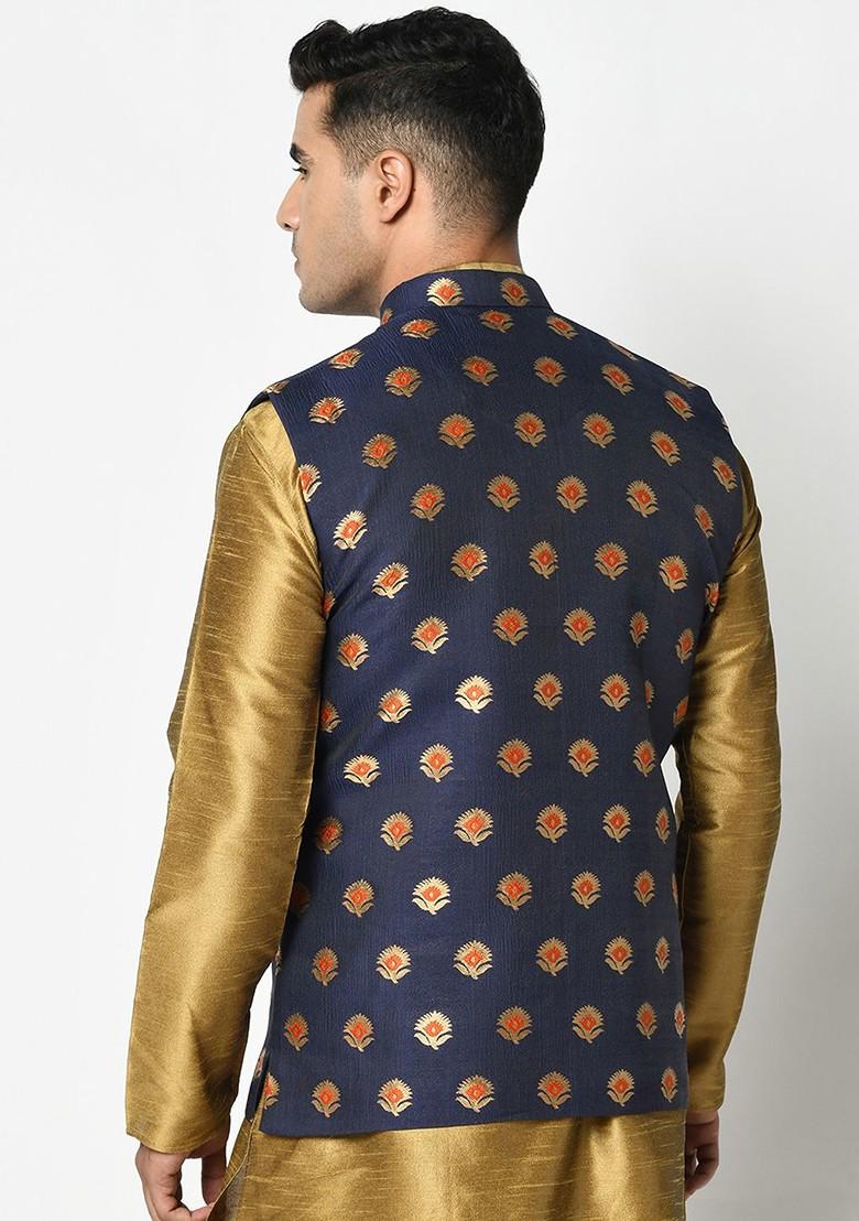 Men Navy Blue And Gold Coloured Woven Design Satin Nehru Jacket