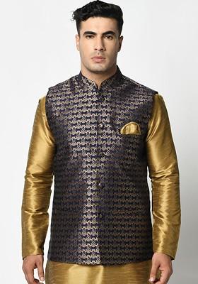 Men Navy Blue And Golden Woven Design Nehru Jackets