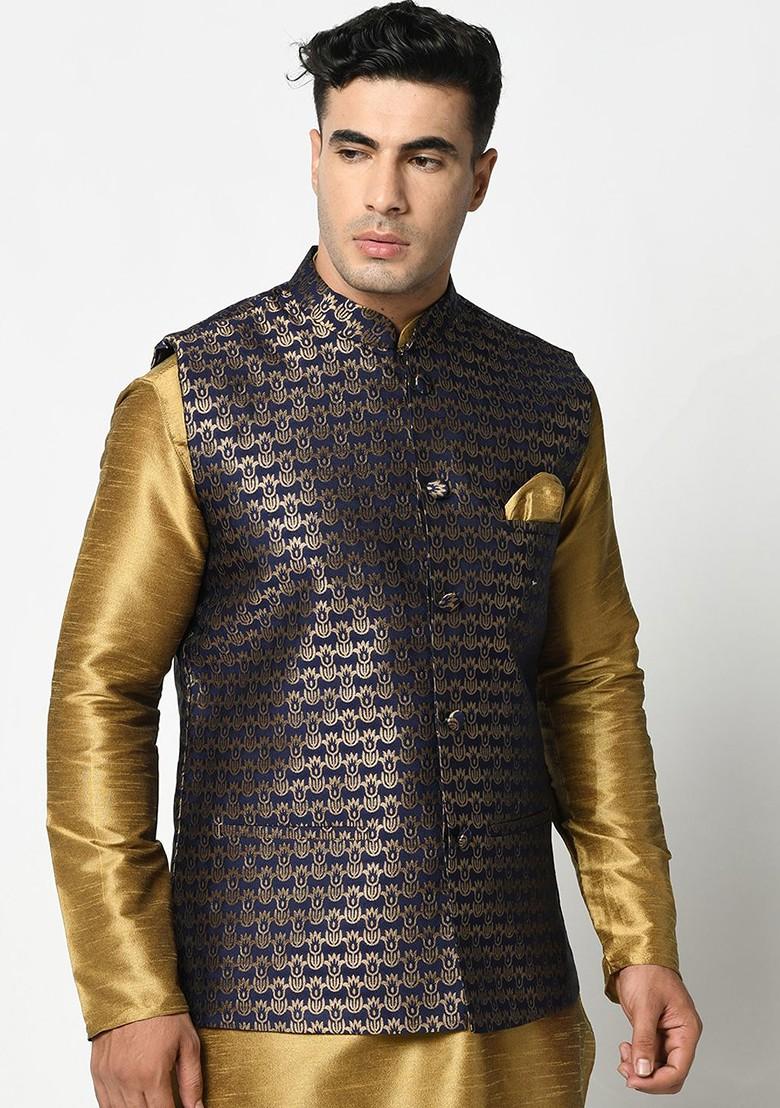 Men Navy Blue And Golden Woven Design Nehru Jackets