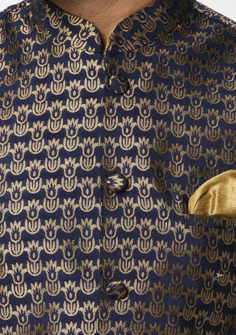 Men Navy Blue And Golden Woven Design Nehru Jackets