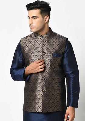 Men Navy Blue And Golden Woven Design Nehru Jacket