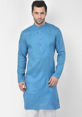 Men Blue Self Design Thread Work Cotton Kurta