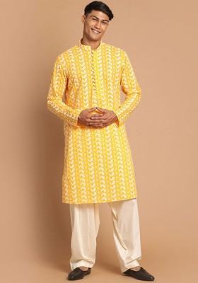 Men Orange And White Embroidered Chikankari Pure Cotton Kurta With Patiala