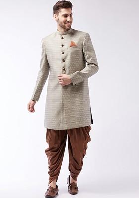 Men Beige And Coffee Brown Woven Design Banarasi Silk Jacquard Sherwani Set
