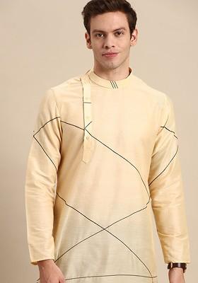 Men Cream-Coloured Geometric Embroidered Cotton Silk Kurta