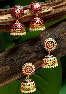 Set Of 2 Pair Gold Plated Meenakari Jhumka Earrings
