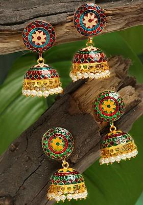 Set Of 2 Gold Plated Meenakari Jhumka Earrings
