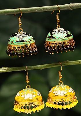 Set Of 2 Pair Gold Plated Meenakari Jhumka Earrings
