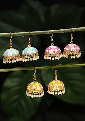 Set Of 3 Pair Gold Plated Meenakari Jhumka Earrings