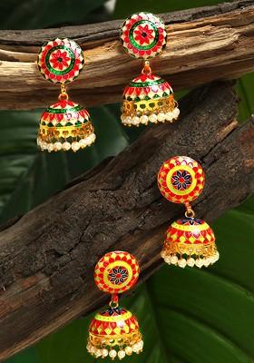 Set Of 2 Pair Gold Plated Meenakari Jhumka Earrings