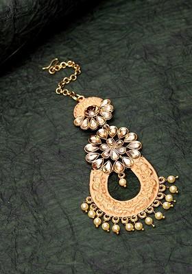 Peach Colored And Off White Stone Studded And Beaded Enamelled Maang Tikka