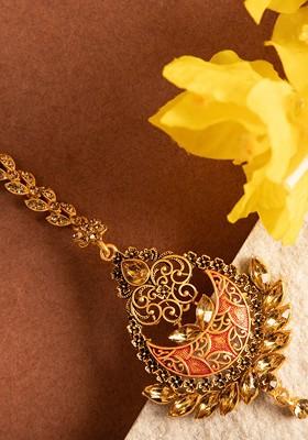 Women Gold Plated And Red Kundan Embellished Maang Tikka