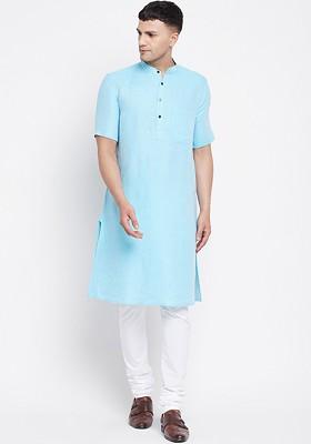 Men Blue Woven Design Pure Cotton Kurta