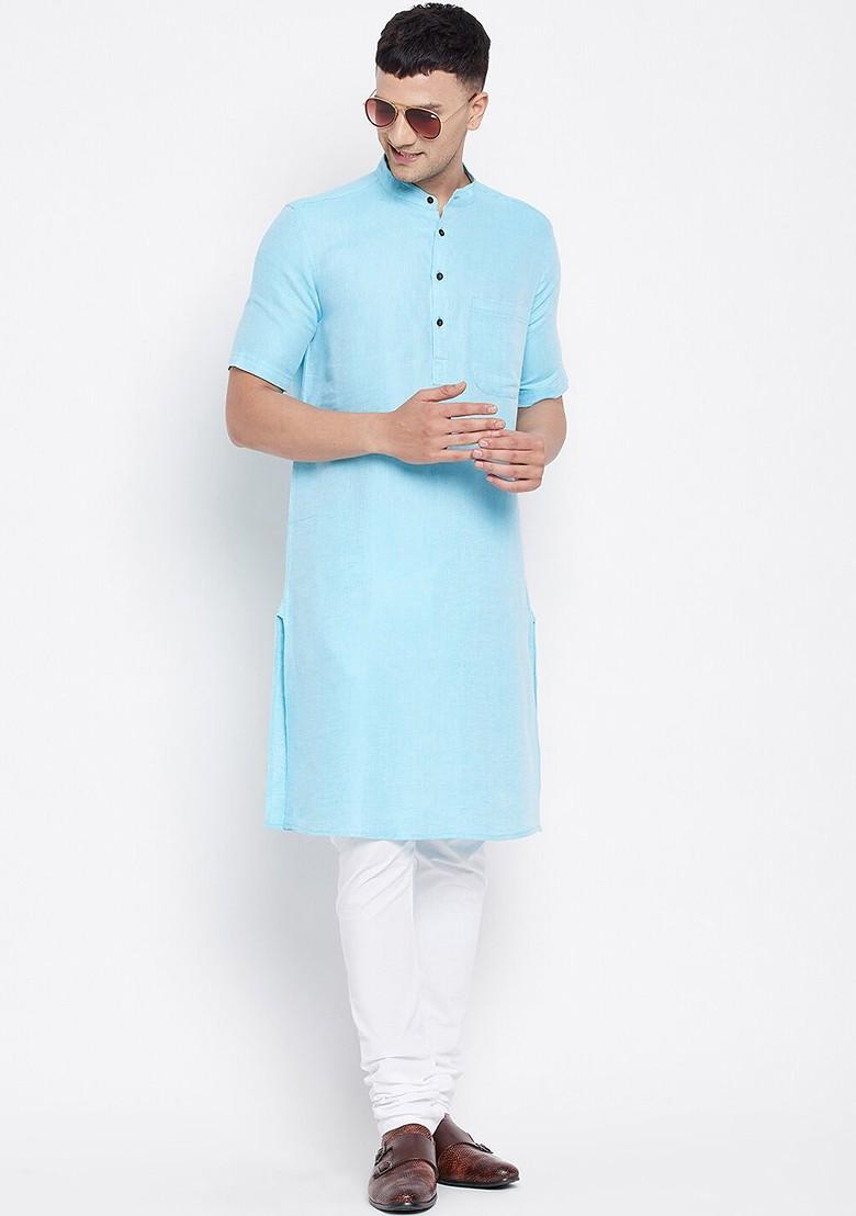 Men Blue Woven Design Pure Cotton Kurta