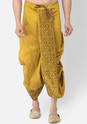 Men Yellow And Black Printed Dupion Silk Dhoti Pants