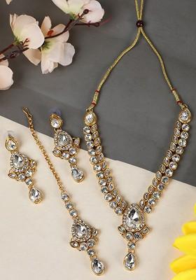 Gold Plated White Kundan Stone Studded Jewellery Set