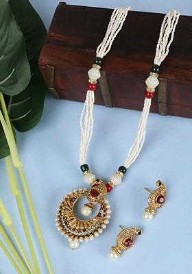 Gold Plated Red And White Stone Studded And Pearl Beaded Jewellery Set