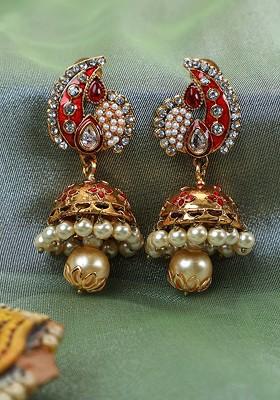 Gold Plated Red Contemporary Jhumkas Earrings