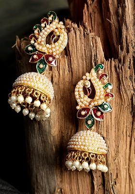 Gold Plated White Contemporary Jhumkas Earrings