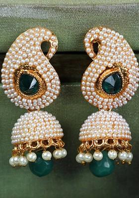 Gold Plated Green Contemporary Jhumkas Earrings
