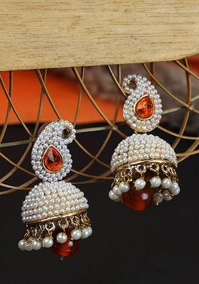 Gold Plated Orange Contemporary Jhumkas Earrings