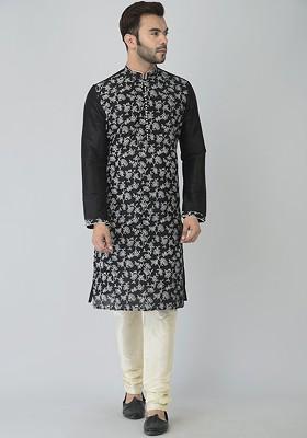 Men Black Printed Dupion Silk Kurta Set