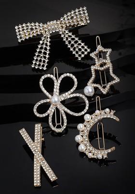 Women Gold Toned And White  CZ Stone Studded Set of 5 Embellished Alligator Hair Clip