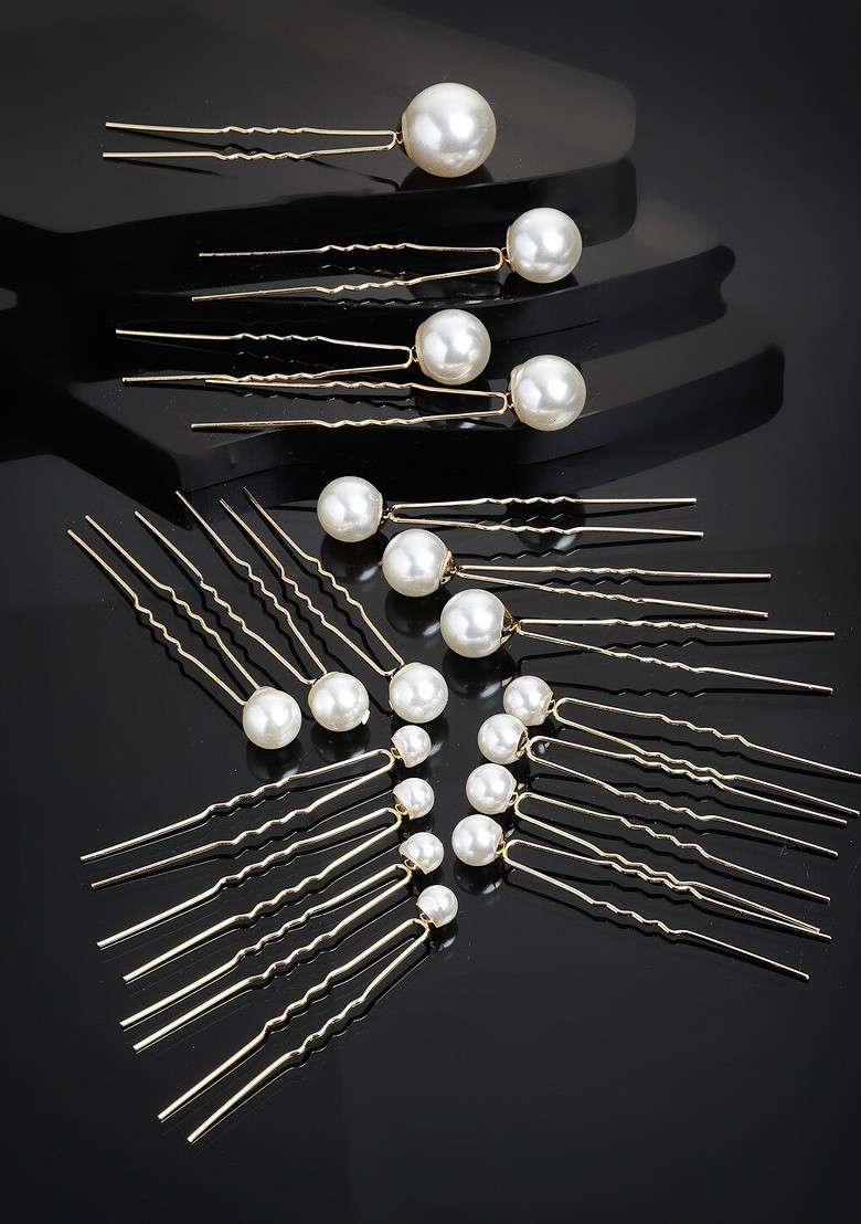 Women Gold Toned And White Embellished U Pins - Indya