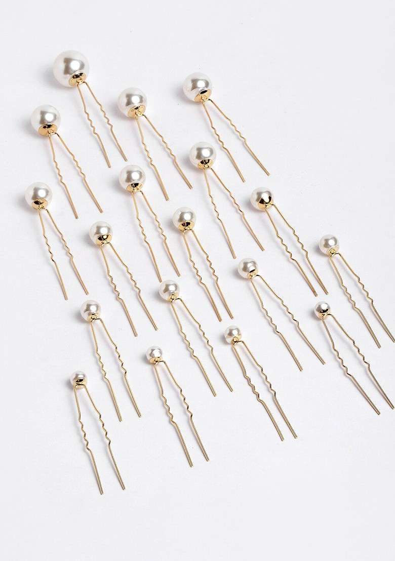Women Gold Toned And White Embellished U Pins - Indya