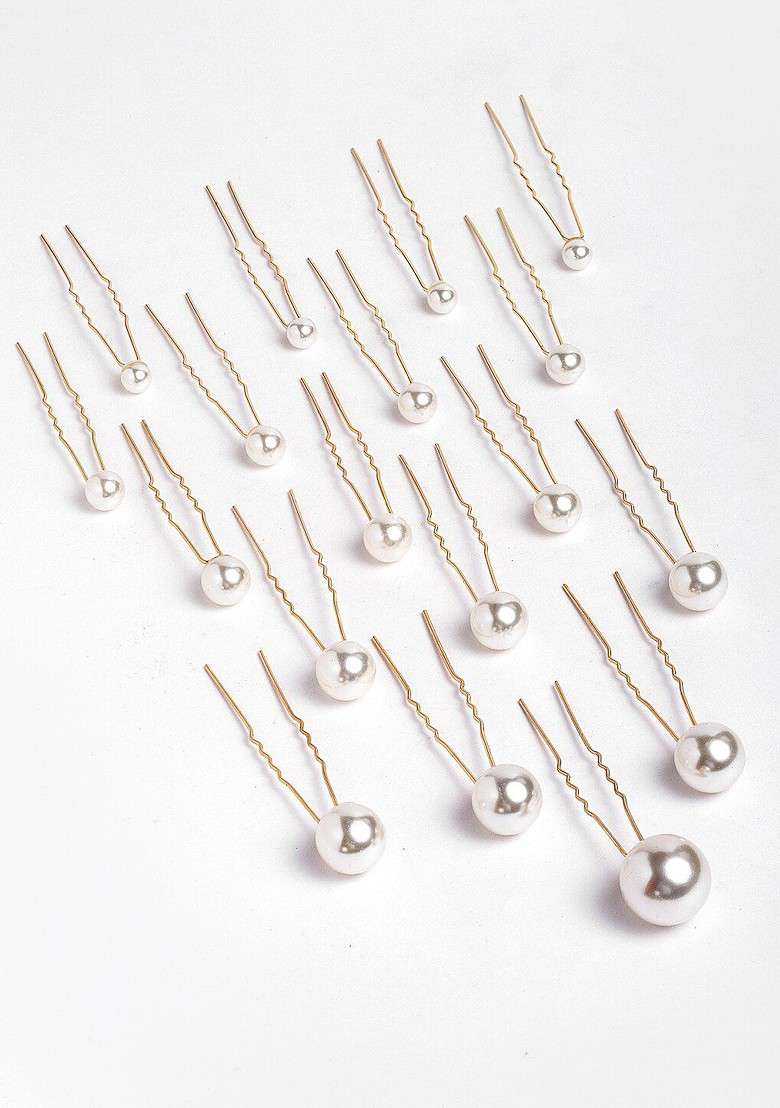 Women Gold Toned And White Embellished U Pins - Indya