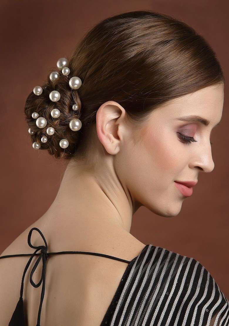 Women Gold Toned And White Embellished U Pins - Indya